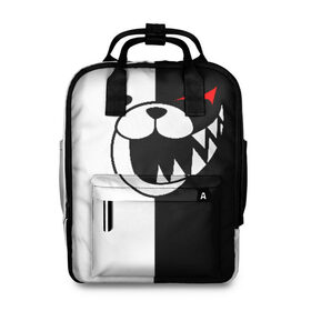 Женский рюкзак 3D с принтом MONOKUMA в городе Новоалтайск, 100% полиэстер | лямки с регулируемой длиной, сверху ручки, чтобы рюкзак нести как сумку. Основное отделение закрывается на молнию, как и внешний карман. Внутри два дополнительных кармана, один из которых закрывается на молнию. По бокам два дополнительных кармашка, куда поместится маленькая бутылочка
 | anime | bear | black  white | danganronpa | kurokuma | monodam | monokuma | monomi | monotaro | pink | rabbit | school | shirokuma | аниме | главарь | мoноми | монокума | черно белый | школа