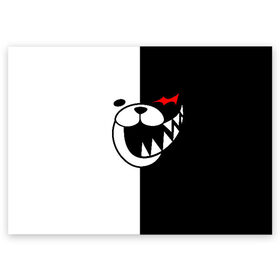 Поздравительная открытка с принтом MONOKUMA в городе Новоалтайск, 100% бумага | плотность бумаги 280 г/м2, матовая, на обратной стороне линовка и место для марки
 | anime | bear | black  white | danganronpa | kurokuma | monodam | monokuma | monomi | monotaro | pink | rabbit | school | shirokuma | аниме | главарь | мoноми | монокума | черно белый | школа