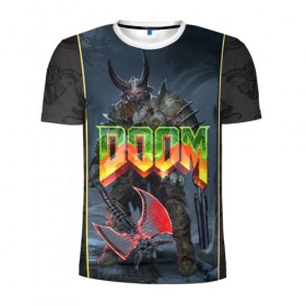 Мужская футболка 3D спортивная с принтом Doom Enternal в городе Новоалтайск, 100% полиэстер с улучшенными характеристиками | приталенный силуэт, круглая горловина, широкие плечи, сужается к линии бедра | 3d | doom enternal | игра | компьютерная | логотип | темный | шутер
