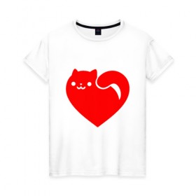 Женская футболка хлопок с принтом Love Cat в городе Новоалтайск, 100% хлопок | прямой крой, круглый вырез горловины, длина до линии бедер, слегка спущенное плечо | animal | cat | cute | heart | kitty | meow | друг | животные | киска | китти | кот | котенок | котик | кошечка | кошка | лев | леопард | любовь | милый | мур | мышь | мяу | пантера | питомец | рысь | сердце | тигр | улыбка