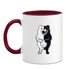 Кружка двухцветная с принтом MONOKUMA в городе Новоалтайск, керамика | объем — 330 мл, диаметр — 80 мм. Цветная ручка и кайма сверху, в некоторых цветах — вся внутренняя часть | anime | bear | black  white | danganronpa | kurokuma | monodam | monokuma | monomi | monotaro | pink | rabbit | school | shirokuma | аниме | главарь | мoноми | монокума | черно белый | школа