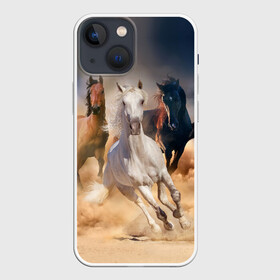 Чехол для iPhone 13 mini с принтом Табун в городе Новоалтайск,  |  | animal | beautiful | black | brown | desert | gloss | herd | horse | mane | mustang | muzzle | nature | sand | white | wild | белый | грива | дикий | животное | конь | коричневый | красивый | лоск | лошадь | мустанг | песок | природа | пусты