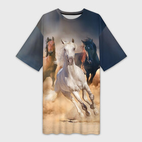 Платье-футболка 3D с принтом Табун в городе Новоалтайск,  |  | animal | beautiful | black | brown | desert | gloss | herd | horse | mane | mustang | muzzle | nature | sand | white | wild | белый | грива | дикий | животное | конь | коричневый | красивый | лоск | лошадь | мустанг | песок | природа | пусты