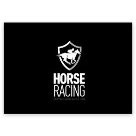 Поздравительная открытка с принтом Horse racing в городе Новоалтайск, 100% бумага | плотность бумаги 280 г/м2, матовая, на обратной стороне линовка и место для марки
 | animal | black | emblem | rider | riding | slogan | sport | text | white | белый | езда | животное | конь | лошадь | наездник | слоган | спорт | текст | черный | эмблема