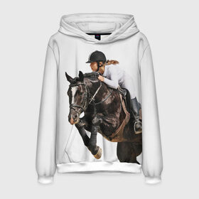 Мужская толстовка 3D с принтом Наездница в городе Новоалтайск, 100% полиэстер | двухслойный капюшон со шнурком для регулировки, мягкие манжеты на рукавах и по низу толстовки, спереди карман-кенгуру с мягким внутренним слоем. | animal | coffee | girl | harness | horse | rider | riding | sport | white | woman | белый | девушка | езда | женщина | животное | конь | кофейный | лошадь | наездница | сбруя | спорт