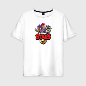 Женская футболка хлопок Oversize с принтом BRAWL STARS в городе Новоалтайск, 100% хлопок | свободный крой, круглый ворот, спущенный рукав, длина до линии бедер
 | android | brawl stars | bull | colt | games | mobile game | stars | берли | бо | брок | ворон | джесси | динамайк | дэррил | игры | кольт | леон | мобильные игры | мортис | нита | пайпер | пенни | поко | пэм | рикошет | спайк | тара | фрэн