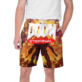 Мужские шорты 3D с принтом Doom Eternal в городе Новоалтайск,  полиэстер 100% | прямой крой, два кармана без застежек по бокам. Мягкая трикотажная резинка на поясе, внутри которой широкие завязки. Длина чуть выше колен | Тематика изображения на принте: cacodemon | doom | eternal | вечность | вечный | дум | итёрнал | какодемон | этернал