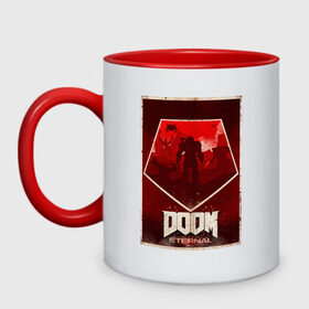 Кружка двухцветная с принтом Doom в городе Новоалтайск, керамика | объем — 330 мл, диаметр — 80 мм. Цветная ручка и кайма сверху, в некоторых цветах — вся внутренняя часть | Тематика изображения на принте: cacodemon | doom | eternal | вечность | вечный | дум | итёрнал | какодемон | этернал