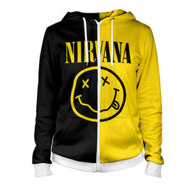 Женская толстовка 3D на молнии с принтом NIRVANA в городе Новоалтайск, 100% полиэстер | длина до линии бедра, манжеты и пояс оформлены мягкой тканевой резинкой, двухслойный капюшон со шнурком для регулировки, спереди молния, по бокам два кармана | music | nirvana | rip smile | rock | smile | группа | курт кобейн | музыка | нирвана | рок | смайл