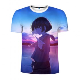 Мужская футболка 3D спортивная с принтом Anime Sunset в городе Новоалтайск, 100% полиэстер с улучшенными характеристиками | приталенный силуэт, круглая горловина, широкие плечи, сужается к линии бедра | anime | clouds | girl | sunset | аниме | девушка | закат