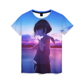 Женская футболка 3D с принтом Anime Sunset в городе Новоалтайск, 100% полиэфир ( синтетическое хлопкоподобное полотно) | прямой крой, круглый вырез горловины, длина до линии бедер | Тематика изображения на принте: anime | clouds | girl | sunset | аниме | девушка | закат