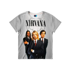 Детская футболка 3D с принтом Nirvana в городе Новоалтайск, 100% гипоаллергенный полиэфир | прямой крой, круглый вырез горловины, длина до линии бедер, чуть спущенное плечо, ткань немного тянется | Тематика изображения на принте: 90 | alternative | crimson | david grohl | foo fighters | grunge | kurt cobain | music | nirvana | rip | rock | smile | гранж | группа | девяностые | курт кобейн | музыка | нирвана | рок