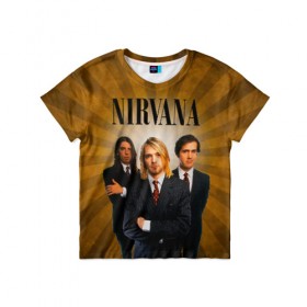 Детская футболка 3D с принтом Nirvana в городе Новоалтайск, 100% гипоаллергенный полиэфир | прямой крой, круглый вырез горловины, длина до линии бедер, чуть спущенное плечо, ткань немного тянется | Тематика изображения на принте: 90 | alternative | crimson | david grohl | foo fighters | grunge | kurt cobain | music | nirvana | rip | rock | smile | гранж | группа | девяностые | курт кобейн | музыка | нирвана | рок