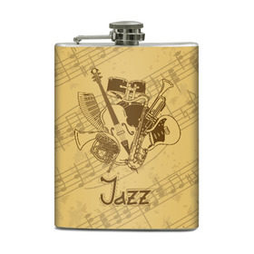 Фляга с принтом Jazz в городе Новоалтайск, металлический корпус | емкость 0,22 л, размер 125 х 94 мм. Виниловая наклейка запечатывается полностью | Тематика изображения на принте: brown | cello | drum | guitar | instrument | jazz | musical | retro | saxophone | sheet music | trumpet | vintage | yellow | барабан | винтаж | виолончель | гитара | джаз | желтый | инструмент | коричневый | музыка | музыкальный | ноты | ретро | сак