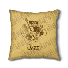 Подушка 3D с принтом Jazz в городе Новоалтайск, наволочка – 100% полиэстер, наполнитель – холлофайбер (легкий наполнитель, не вызывает аллергию). | состоит из подушки и наволочки. Наволочка на молнии, легко снимается для стирки | brown | cello | drum | guitar | instrument | jazz | musical | retro | saxophone | sheet music | trumpet | vintage | yellow | барабан | винтаж | виолончель | гитара | джаз | желтый | инструмент | коричневый | музыка | музыкальный | ноты | ретро | сак