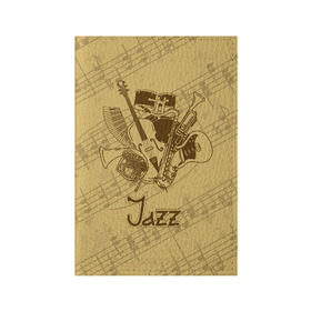 Обложка для паспорта матовая кожа с принтом Jazz в городе Новоалтайск, натуральная матовая кожа | размер 19,3 х 13,7 см; прозрачные пластиковые крепления | brown | cello | drum | guitar | instrument | jazz | musical | retro | saxophone | sheet music | trumpet | vintage | yellow | барабан | винтаж | виолончель | гитара | джаз | желтый | инструмент | коричневый | музыка | музыкальный | ноты | ретро | сак