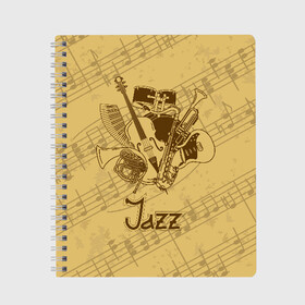 Тетрадь с принтом Jazz в городе Новоалтайск, 100% бумага | 48 листов, плотность листов — 60 г/м2, плотность картонной обложки — 250 г/м2. Листы скреплены сбоку удобной пружинной спиралью. Уголки страниц и обложки скругленные. Цвет линий — светло-серый
 | brown | cello | drum | guitar | instrument | jazz | musical | retro | saxophone | sheet music | trumpet | vintage | yellow | барабан | винтаж | виолончель | гитара | джаз | желтый | инструмент | коричневый | музыка | музыкальный | ноты | ретро | сак