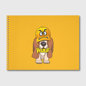 Альбом для рисования с принтом Woof в городе Новоалтайск, 100% бумага
 | матовая бумага, плотность 200 мг. | Тематика изображения на принте: animal | cap | dog | funny | slogan | text | yellow | бассет хаунд | желтый | животное | забавный | кепка | прикольный | слоган | смешной | собака | текст