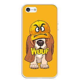 Чехол для iPhone 5/5S матовый с принтом Woof в городе Новоалтайск, Силикон | Область печати: задняя сторона чехла, без боковых панелей | Тематика изображения на принте: animal | cap | dog | funny | slogan | text | yellow | бассет хаунд | желтый | животное | забавный | кепка | прикольный | слоган | смешной | собака | текст