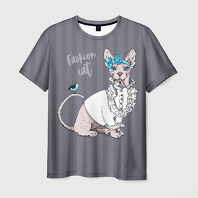 Мужская футболка 3D с принтом Fashion cat в городе Новоалтайск, 100% полиэфир | прямой крой, круглый вырез горловины, длина до линии бедер | bird | bow | breed | cat | glamor | look | muzzle | sphinx | style | tail | бант | взгляд | гламур | кошка | порода | птица | стиль | сфинкс | хвост