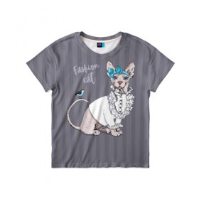 Детская футболка 3D с принтом Fashion cat в городе Новоалтайск, 100% гипоаллергенный полиэфир | прямой крой, круглый вырез горловины, длина до линии бедер, чуть спущенное плечо, ткань немного тянется | bird | bow | breed | cat | glamor | look | muzzle | sphinx | style | tail | бант | взгляд | гламур | кошка | порода | птица | стиль | сфинкс | хвост