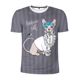 Мужская футболка 3D спортивная с принтом Fashion cat в городе Новоалтайск, 100% полиэстер с улучшенными характеристиками | приталенный силуэт, круглая горловина, широкие плечи, сужается к линии бедра | bird | bow | breed | cat | glamor | look | muzzle | sphinx | style | tail | бант | взгляд | гламур | кошка | порода | птица | стиль | сфинкс | хвост