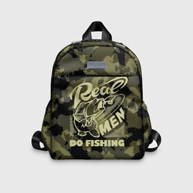 Детский рюкзак 3D с принтом Real men do fishing в городе Новоалтайск, 100% полиэстер | лямки с регулируемой длиной, сверху петелька, чтобы рюкзак можно было повесить на вешалку. Основное отделение закрывается на молнию, как и внешний карман. Внутри дополнительный карман. По бокам два дополнительных кармашка | bait | black | fish | fisherman | fishing | hook | man | white | белый | занимается | камуфляж | крючок | мужчина | наживка | настоящий | реальный | рыба | рыбак | рыбалка | черный