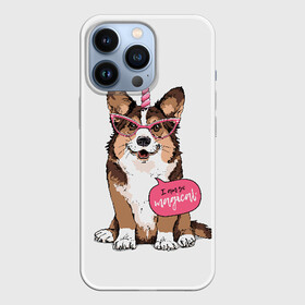 Чехол для iPhone 13 Pro с принтом I am so magical в городе Новоалтайск,  |  | Тематика изображения на принте: animal | breed | dog | funny | horn | im so | inscription | look | magic | masquerade | pink | smile | unicorn | вельш корги кардиган | взгляд | единорог | животное | забавный | магия | маскарад | надпись | очки | порода | прикольный | рог