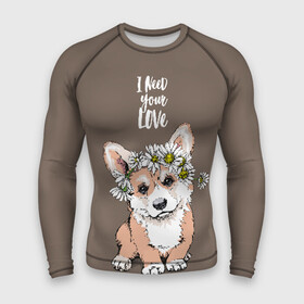 Мужской рашгард 3D с принтом I need your love в городе Новоалтайск,  |  | animal | breed | chamomile | cute | dog | flowers | funny | i need your love | inscription | puppy | welsh corgi pembroke | вельш корги пемброк | животное | забавный | любовь | милый | мне нужна твоя любовь | надпись | порода | ромашки | собака | цв