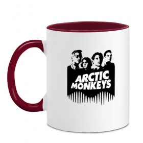 Кружка двухцветная с принтом ARCTIC MONKEYS в городе Новоалтайск, керамика | объем — 330 мл, диаметр — 80 мм. Цветная ручка и кайма сверху, в некоторых цветах — вся внутренняя часть | arctic monkeys | арктик манкис | арктические мартышки