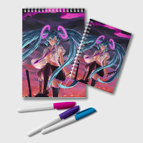 Блокнот с принтом Hatsune Miku в городе Новоалтайск, 100% бумага | 48 листов, плотность листов — 60 г/м2, плотность картонной обложки — 250 г/м2. Листы скреплены удобной пружинной спиралью. Цвет линий — светло-серый
 | Тематика изображения на принте: anime | character | geisha | hatsune miku | japan | kimono | manga | style | аниме | вокалоид | девушки | манга | мульт | оружие | сёдзё | сериал | хатсуне мику