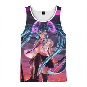 Мужская майка 3D с принтом Hatsune Miku в городе Новоалтайск, 100% полиэстер | круглая горловина, приталенный силуэт, длина до линии бедра. Пройма и горловина окантованы тонкой бейкой | Тематика изображения на принте: anime | character | geisha | hatsune miku | japan | kimono | manga | style | аниме | вокалоид | девушки | манга | мульт | оружие | сёдзё | сериал | хатсуне мику