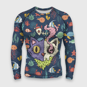 Мужской рашгард 3D с принтом Завтрак в городе Новоалтайск,  |  | cat | ears | fish | kitten | nose | skeleton | smoke | взгляд | глаза | дым | кот | котенок | кошка | нос | рыба | скелет | уши | череп