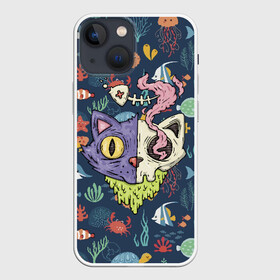 Чехол для iPhone 13 mini с принтом Завтрак в городе Новоалтайск,  |  | cat | ears | fish | kitten | nose | skeleton | smoke | взгляд | глаза | дым | кот | котенок | кошка | нос | рыба | скелет | уши | череп
