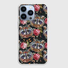 Чехол для iPhone 13 Pro с принтом Еноты в городе Новоалтайск,  |  | Тематика изображения на принте: animals | art | drawing | embroidery | flower | raccoons | rose | touches | wild | вышивка | дикие | еноты | животные | звери | искусство | рисунок | роза | цветок | штрихи