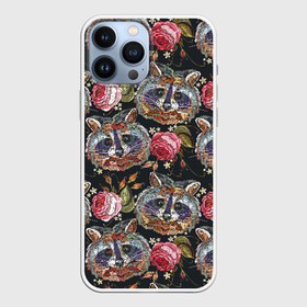 Чехол для iPhone 13 Pro Max с принтом Еноты в городе Новоалтайск,  |  | Тематика изображения на принте: animals | art | drawing | embroidery | flower | raccoons | rose | touches | wild | вышивка | дикие | еноты | животные | звери | искусство | рисунок | роза | цветок | штрихи