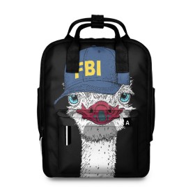 Женский рюкзак 3D с принтом FBI в городе Новоалтайск, 100% полиэстер | лямки с регулируемой длиной, сверху ручки, чтобы рюкзак нести как сумку. Основное отделение закрывается на молнию, как и внешний карман. Внутри два дополнительных кармана, один из которых закрывается на молнию. По бокам два дополнительных кармашка, куда поместится маленькая бутылочка
 | beak | bird | blue | cap | fbi | funny | head | inscription | long | neck | ostrich | red | весёлый | голова | длинная | кепка | клюв | красный | надпись | птица | синяя | смешной | страус | фбр | шея