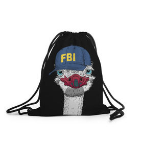 Рюкзак-мешок 3D с принтом FBI в городе Новоалтайск, 100% полиэстер | плотность ткани — 200 г/м2, размер — 35 х 45 см; лямки — толстые шнурки, застежка на шнуровке, без карманов и подкладки | beak | bird | blue | cap | fbi | funny | head | inscription | long | neck | ostrich | red | весёлый | голова | длинная | кепка | клюв | красный | надпись | птица | синяя | смешной | страус | фбр | шея