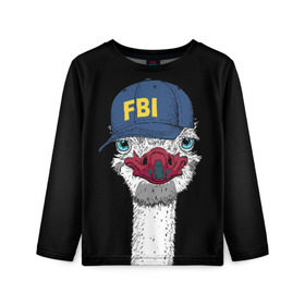 Детский лонгслив 3D с принтом FBI в городе Новоалтайск, 100% полиэстер | длинные рукава, круглый вырез горловины, полуприлегающий силуэт
 | beak | bird | blue | cap | fbi | funny | head | inscription | long | neck | ostrich | red | весёлый | голова | длинная | кепка | клюв | красный | надпись | птица | синяя | смешной | страус | фбр | шея