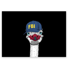 Поздравительная открытка с принтом FBI в городе Новоалтайск, 100% бумага | плотность бумаги 280 г/м2, матовая, на обратной стороне линовка и место для марки
 | beak | bird | blue | cap | fbi | funny | head | inscription | long | neck | ostrich | red | весёлый | голова | длинная | кепка | клюв | красный | надпись | птица | синяя | смешной | страус | фбр | шея