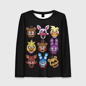 Женский лонгслив 3D с принтом Five Nights at Freddy в городе Новоалтайск, 100% полиэстер | длинные рукава, круглый вырез горловины, полуприлегающий силуэт | 4 | animation | bonnie | chica | fnaf | foxy | freddy | funny | horror | pizza | scary | sfm | бонни | майк | ночей | пять | ужас | фокси | фредди | чика | шмидт