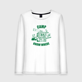 Женский лонгслив хлопок с принтом CAMP KNOW WHERE в городе Новоалтайск, 100% хлопок |  | 80 е | 85 | camp know where | camp nowhere | dustin | netflix | stranger things | дастин | кепка дастина | нетфликс | очень странные дела