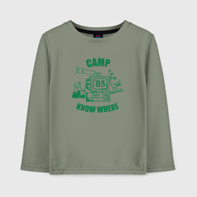 Детский лонгслив хлопок с принтом CAMP KNOW WHERE в городе Новоалтайск, 100% хлопок | круглый вырез горловины, полуприлегающий силуэт, длина до линии бедер | 80 е | 85 | camp know where | camp nowhere | dustin | netflix | stranger things | дастин | кепка дастина | нетфликс | очень странные дела