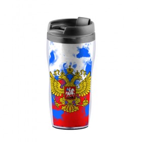 Термокружка-непроливайка с принтом RUSSIA Flame Collection в городе Новоалтайск, внутренняя часть — пищевой пластик, наружная часть — прозрачный пластик, между ними — полиграфическая вставка с рисунком | объем — 350 мл, герметичная крышка | fire | flame | russia | sport | tricolor | герб | огонь | патриот | патриотизм | пламя | россия | спорт | триколор | флаг россии