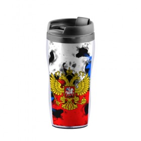 Термокружка-непроливайка с принтом RUSSIA Flame Collection в городе Новоалтайск, внутренняя часть — пищевой пластик, наружная часть — прозрачный пластик, между ними — полиграфическая вставка с рисунком | объем — 350 мл, герметичная крышка | Тематика изображения на принте: fire | flame | russia | sport | tricolor | герб | огонь | патриот | патриотизм | пламя | россия | спорт | триколор | флаг россии