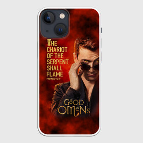 Чехол для iPhone 13 mini с принтом Колесница змия будет пылать в городе Новоалтайск,  |  | Тематика изображения на принте: good | omens | sheen | tennant | азирафель | ангел | благие знамения | демон | кроули | падший | теннант | шин