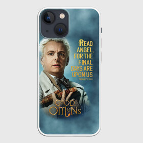 Чехол для iPhone 13 mini с принтом Читай ангел, ибо последние дни настали в городе Новоалтайск,  |  | Тематика изображения на принте: good | omens | sheen | tennant | азирафель | ангел | благие знамения | демон | кроули | падший | теннант | шин
