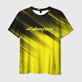 Мужская футболка 3D с принтом Cyberpunk 2077 (Yellow). в городе Новоалтайск, 100% полиэфир | прямой крой, круглый вырез горловины, длина до линии бедер | Тематика изображения на принте: 3d | cyberpunk 2077 | red | абстракция | геометрия | игра | киберпанк 2077 | красный | лого | логотип | надпись | стиль | текстура