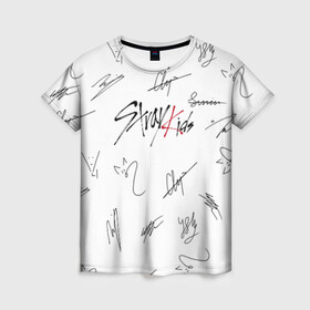 Женская футболка 3D с принтом STRAY KIDS АВТОГРАФЫ в городе Новоалтайск, 100% полиэфир ( синтетическое хлопкоподобное полотно) | прямой крой, круглый вырез горловины, длина до линии бедер | бан чан | ли ноу | стрей кидс | стрэй кидс. | сынмин | уджин | феликс | хан | хёнджин | чанбин