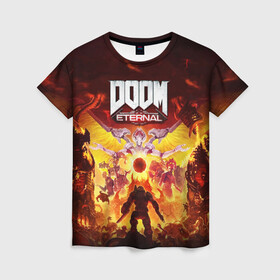 Женская футболка 3D с принтом DOOM Eternal в городе Новоалтайск, 100% полиэфир ( синтетическое хлопкоподобное полотно) | прямой крой, круглый вырез горловины, длина до линии бедер | Тематика изображения на принте: 2019 | bethesda | demon | doom | eternal | ethernal | game | games | logo | monster | runes | демон | дум | дуум | етернал | игра | игры | какодемон | кровь | лого | логотип | монстр | монстры | руны | символ | этернал